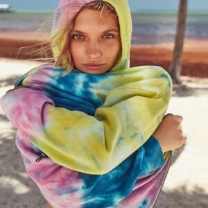 U&O Whimsical Sadie Pink, Yellow & Blue Tye Dye Zip Vintage Soft Relaxed Hoodie